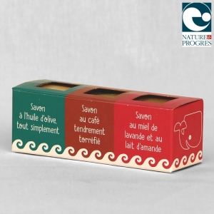 Lot de 3 savons 60g: café-100% olive-lait d'a