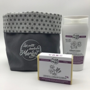 Panière+savon liquide (he géranium), 200 ml) + savon surgras he lavande/géranium