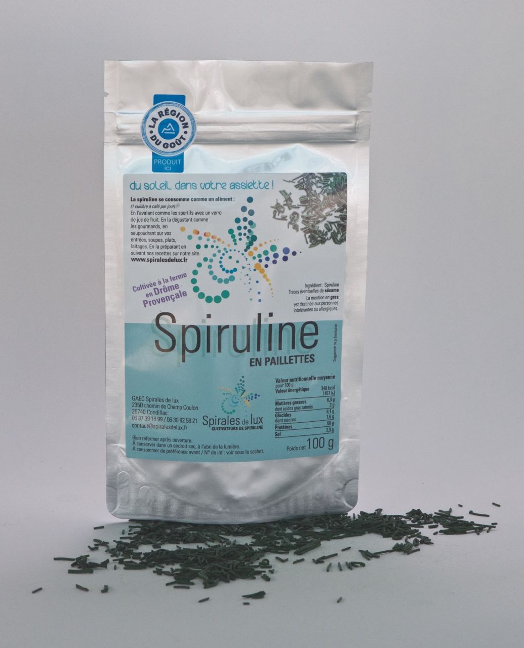 Spiruline Paillettes Sachet 100g 100 G Spirales De Lux Cultivateur De Spiruline Locavor Fr