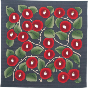 Furoshiki gris fleurs rouge/vert 90cm