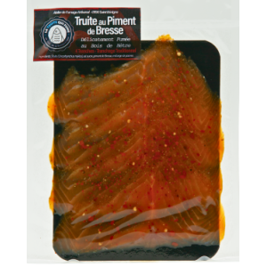 Truite fumée, affinée au piment de bresse